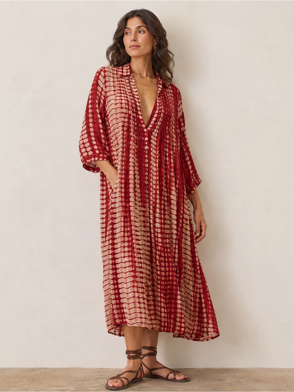 RAGA Women's Red and Cream Tie-Dye Maxi/Midi Tunic Dress